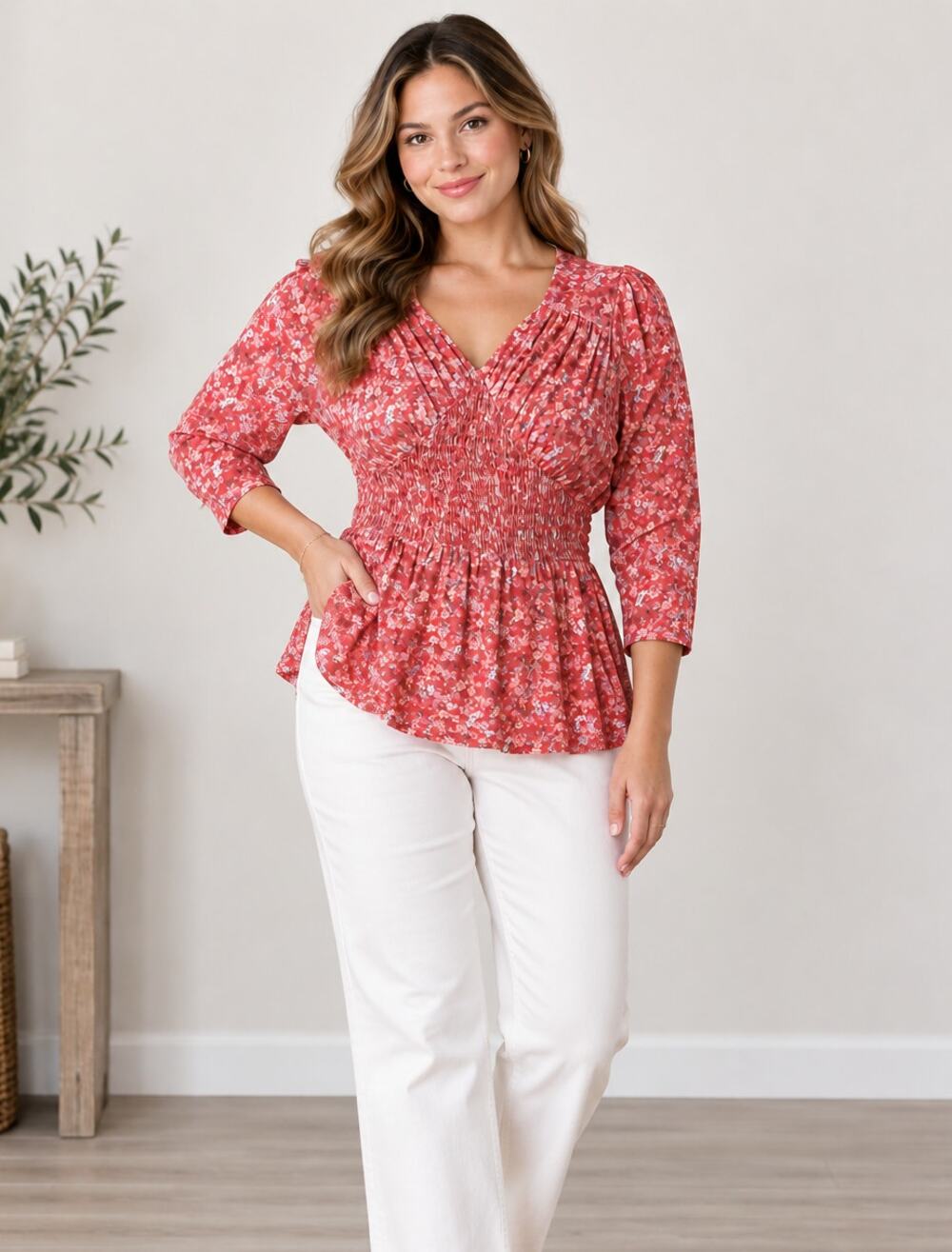Lane Bryant Floral Smocked Mesh Babydoll Top Womens Size 18 20 Lined 3/4 Sleeve